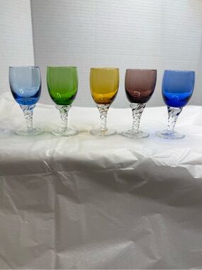 Five VTG MCM Harlequin Jewel-Toned Cordial/Liqueur Glasses w/Clear Twisted Stems
